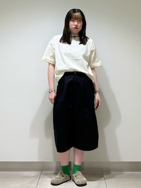 「EKAL（エカル）の『UR TECH ひやサラクール』ロゴ刺繍 Tシャツ（Tシャツ/カットソー、ホワイト系）」を使った、NAKANOさん（レディース・158cm）の夏コーディネート