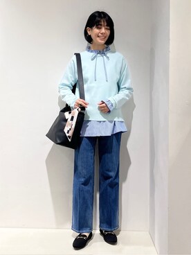 「grove（グローブ）の高評価！【洗濯機OK】ベーシックニット【毛玉軽減】（ニット/セーター、ブルー系）」を使った、fjhr26さん（レディース・155cm）の冬コーディネート