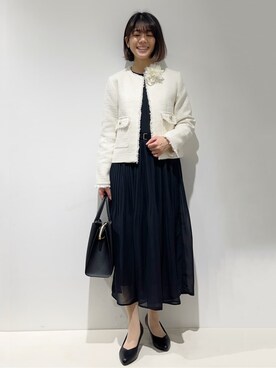 「grove（グローブ）の【ハレの日・通勤】着回しできる上品ツイードジャケット（ノーカラージャケット、ホワイト系）」を使った、fjhr26さん（レディース・155cm）の冬コーディネート