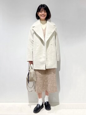 「grove（グローブ）のふんわりまとう、オーバーサイズテーラーコート（チェスターコート、ベージュ系）」を使った、fjhr26さん（レディース・155cm）の冬コーディネート