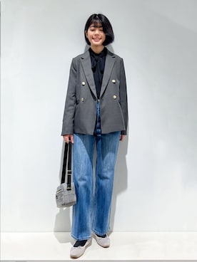 「grove（グローブ）の【カセット服】ダブルブレストテーラードジャケット（テーラードジャケット、ブラウン系）」を使った、fjhr26さん（レディース・155cm）の秋コーディネート
