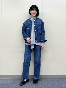 「grove（グローブ）の着心地軽やか、動きやすいストレッチデニムジャケット（デニムジャケット、ブルー系）」を使った、fjhr26さん（レディース・155cm）の冬コーディネート