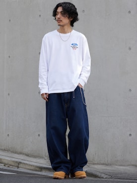 「GOOD ROCK SPEED（グッドロックスピード）のGOOD ROCK SPEED/グッドロックスピード FORD LS shirts ロンT メッセージロゴ ヴィンテージ ストリート アメリカン ベーシック 2026秋冬 秋服（Tシャツ/カットソー、ホワイト系）」を使った、toshiyaさん（メンズ・173cm）の秋コーディネート