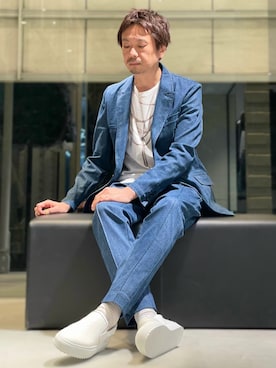 「alfredoBANNISTER（アルフレッドバニスター）の【Margom社】厚底シャークソール 格子 レザー スリッポン スニーカー（スニーカー、ホワイト系）」を使った、OMI3さん（メンズ・180cm）の春コーディネート