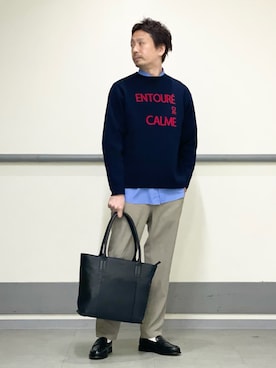 「alfredoBANNISTER（アルフレッドバニスター）の【A4対応】シボレザー トートバッグ（トートバッグ、ブラック系）」を使った、OMI3さん（メンズ・180cm）の春コーディネート