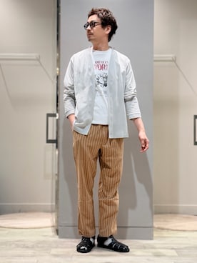 「alfredoBANNISTER（アルフレッドバニスター）のグルカサンダル2（サンダル、ブラック系）」を使った、OMI3さん（メンズ・180cm）の夏コーディネート