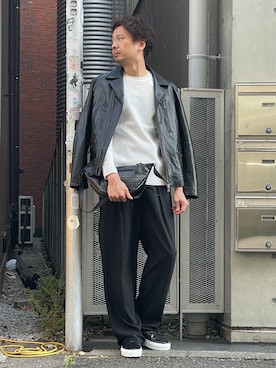 「alfredoBANNISTER（アルフレッドバニスター）の【Margome sole】シャークソール クロコダイル柄 レザー スニーカー スリッポン（スニーカー、ブラック系）」を使った、OMI3さん（メンズ・180cm）の夏コーディネート
