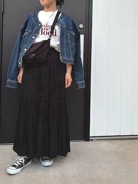「DISCOAT（ディスコート）のアイテム（Tシャツ/カットソー、ホワイト系）」を使った、miyuさん（レディース・154cm）の春コーディネート