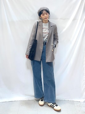 「SHOO・LA・RUE（シューラルー）の【セットアップ可/通勤/洗濯機可/SS-LL】オンオフ使える ダブルブレストジャケット（テーラードジャケット、ブラウン系）」を使った、Hiromiさん（レディース・164cm）の秋コーディネート