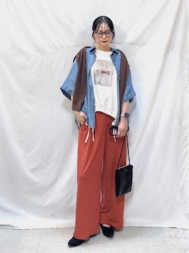 「SHOO・LA・RUE（シューラルー）の【洗濯機可/S-LL】配色シフォン襟でサマ見え 上品シアーカーディガン（カーディガン/ボレロ、ブラウン系）」を使った、Hiromiさん（レディース・164cm）の夏コーディネート