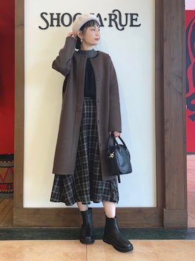 「チェック柄に恋してる」｜「アイテム（ノーカラーコート）」を使った、Hiromiさん（レディース・164cm）の冬コーディネート