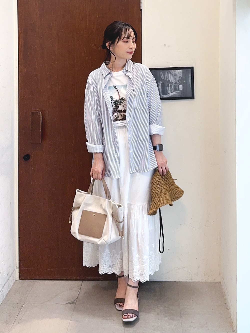 Hiromiさんの「【S-LL/ひんやり/UV/吸水速乾/洗濯後しわになりにくい】ラッシュガードにもなる ストライプ前開きシャツ（SHOO・LA・RUE）」を使ったコーディネートの1枚目の写真
