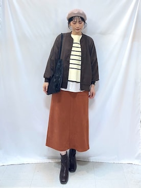 「SHOO・LA・RUE（シューラルー）の【S-LL】洗濯後しわになりにくい 麻調リブブルゾン（ブルゾン、ブラウン系）」を使った、Hiromiさん（レディース・164cm）の秋コーディネート