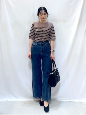 「SHOO・LA・RUE（シューラルー）の【ガンガン洗える/ひんやり/UV/毛玉になりにくい】二の腕見せない 5分袖ニット（ニット/セーター、ブラウン系）」を使った、Hiromiさん（レディース・164cm）の秋コーディネート