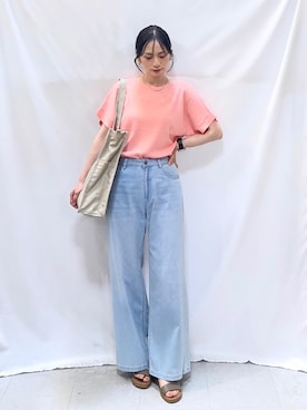 「SHOO・LA・RUE（シューラルー）の【毎日洗える/S-LL/選べるカラバリ】さらっとひんやりドルマン半袖トップス（ニット/セーター、ピンク系）」を使った、Hiromiさん（レディース・164cm）の夏コーディネート