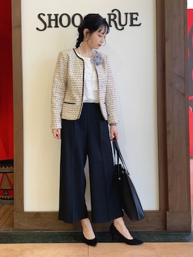 「ツイードジャケット」｜「アイテム（ノーカラージャケット、ピンク系）」を使った、Hiromiさん（レディース・164cm）の冬コーディネート