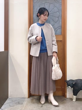 「DRESKIP（ドレスキップ）のアイテム（ノーカラーコート）」を使った、Hiromiさん（レディース・164cm）の冬コーディネート