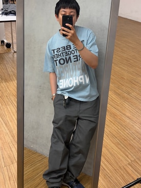 「WHO'S WHO gallery（フーズフーギャラリー）のメッセージTEE（Tシャツ/カットソー、ブルー系）」を使った、kento さん（メンズ・165cm）の夏コーディネート