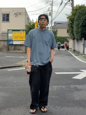 「WHO'S WHO gallery（フーズフーギャラリー）の【OFFICE SERVICES】ボーダーTEE（Tシャツ/カットソー、ブルー系）」を使った、kento さん（メンズ・165cm）の夏コーディネート