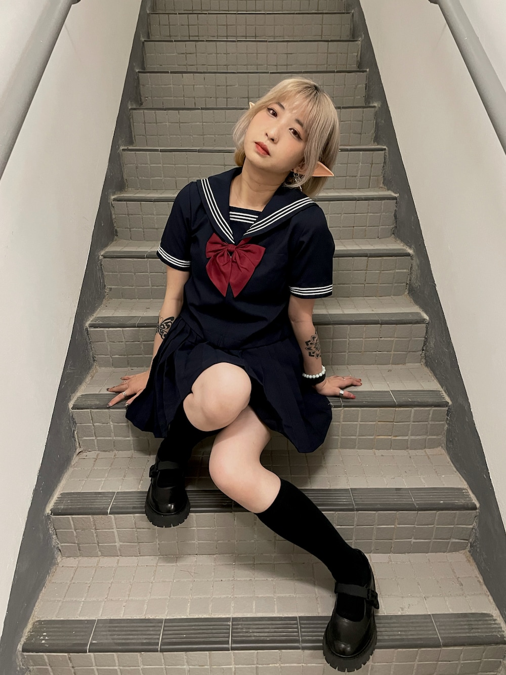 「ootd、夏、JK、jk制服」｜「jkのアイテム（トップス、ブルー系）」を使った、Cyariさん（レディース・156cm）の秋コーディネートの1枚目の写真