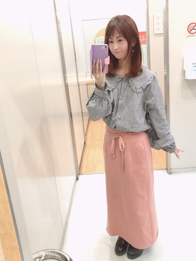 「ギンガムチェック」｜「アイテム（スカート、ピンク系）」を使った、るなさん（レディース・151cm）の春コーディネート