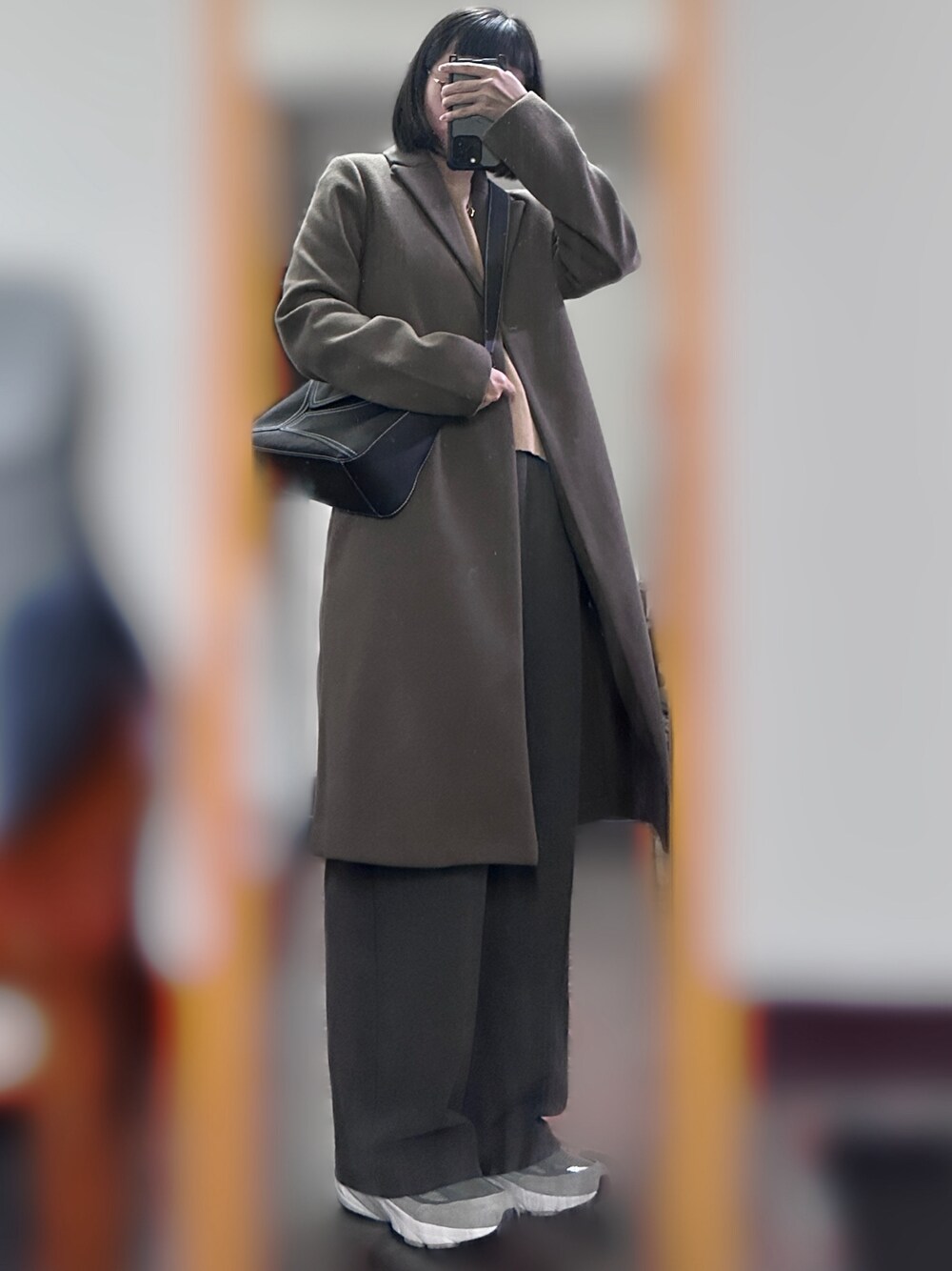 「秋冬コーデ、大衣、矮個子穿搭、寬褲、UNIQLO、ZARA、GU、ootd」｜「淘寶JM外貿女包の2024-01 $517（ショルダーバッグ、ブラック系）」を使った、c.s.y.さん（レディース・154cm）の冬コーディネートの1枚目の写真