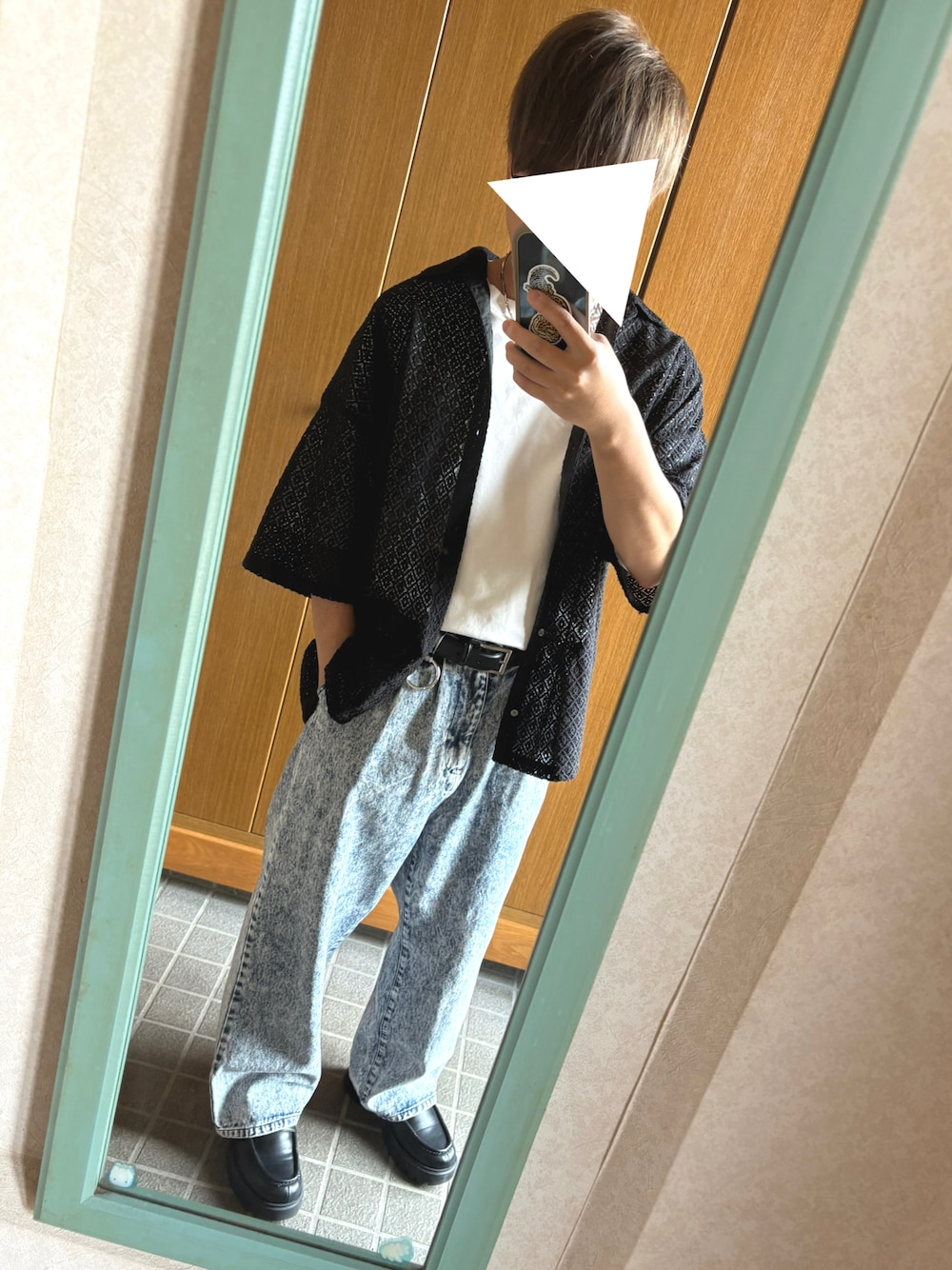 「シンプルスタイル、メンズコーデ、シャツコーデ、春夏コーデ、いいね、save、フォローお願いします🤑」｜「CLELの【CLEL】Loose Short Sleeves Lace Shirt/ルーズ 半袖レースシャツ（シャツ/ブラウス、ブラック系）」を使った、たくやさん（メンズ・166cm）の春コーディネートの1枚目の写真