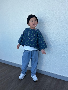 「無印良品（ムジルシリョウヒン）のチクチクをおさえた　リブ編み　ワッチ（ニットキャップ/ビーニー、ブラック系）」を使った、P×Kさん（キッズ・120cm）の春コーディネート