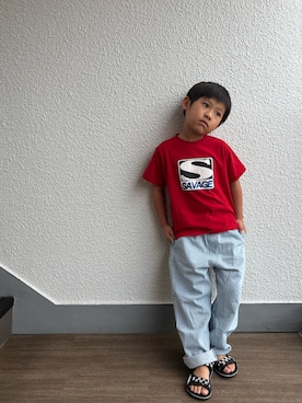 「b・ROOM（ビールーム）の【防汚・速乾・型崩れしない】選べる８パターンアソートプリントTシャツ【子供服】【キッズ】【男の子】【女の子】（Tシャツ/カットソー、レッド系）」を使った、P×Kさん（キッズ・124cm）の秋コーディネート