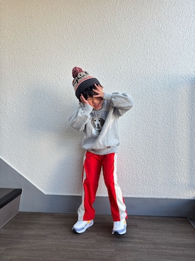 「アイテム（帽子、グレー系）」を使った、P×Kさん（キッズ・110cm）の冬コーディネート