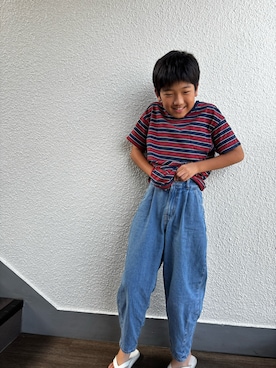 「DRC branshes（ディーアールシーブランシェス）の【DRC/綿100％】マルチボーダー半袖Tシャツ（Tシャツ/カットソー、レッド系）」を使った、P×Kさん（キッズ・124cm）の秋コーディネート