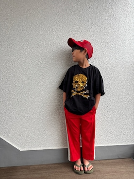 「usedのアイテム（帽子、レッド系）」を使った、P×Kさん（キッズ・121cm）の夏コーディネート