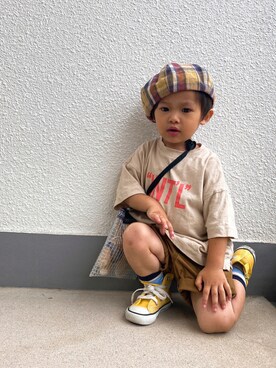 「アイテム（ハンチング/ベレー帽、イエロー系）」を使った、P×Kさん（キッズ・80cm）の秋コーディネート