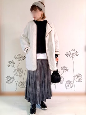 「Bleu Bleuet（ブルーブルーエ）のアイテム（ノーカラージャケット）」を使った、chiEさん（レディース・156cm）の冬コーディネート