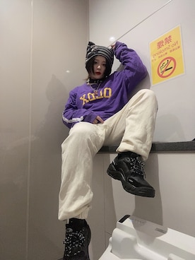 「NERDY（ノルディ）のアイテム（スウェットパンツ）」を使った、けぽさん（レディース・153cm）の秋コーディネート
