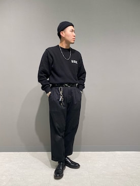 「AVIREX（アヴィレックス）のアイテム（ニットキャップ/ビーニー）」を使った、アライマンさん（メンズ・180cm）の冬コーディネート