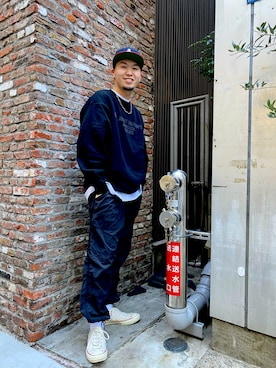 「トレーニング」｜「アイテム（スウェット）」を使った、アライマンさん（メンズ・180cm）の春コーディネート