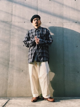 「ワークパンツ」｜「アイテム（ハンチング/ベレー帽）」を使った、Tomoya  Miuraさん（メンズ・170cm）の秋コーディネート