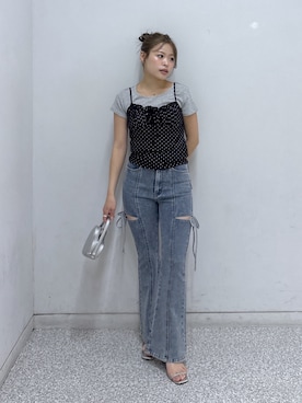 「FREE'S MART（フリーズマート）の◆針抜きテレコＴシャツ×アソートキャミセット（Tシャツ/カットソー、ブラック系）」を使った、𝐒𝐡𝐢𝐧𝐨さん（レディース・150cm）の夏コーディネート