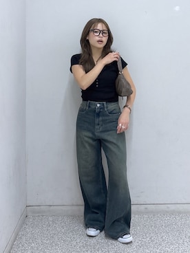 「FREE'S MART（フリーズマート）の◆キャミレイヤード風ヘンリーネックカットソー（Tシャツ/カットソー、ブラック系）」を使った、𝐒𝐡𝐢𝐧𝐨さん（レディース・150cm）の夏コーディネート