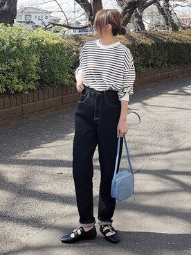 「reca（レカ）のサイドスリットボーダートップス（Tシャツ/カットソー）」を使った、&りっちさん（レディース・154cm）の春コーディネート