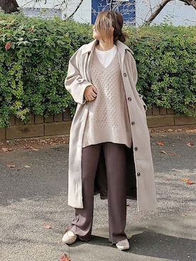 「チャコール」｜「アイテム（ステンカラーコート）」を使った、&りっちさん（レディース・154cm）の秋コーディネート