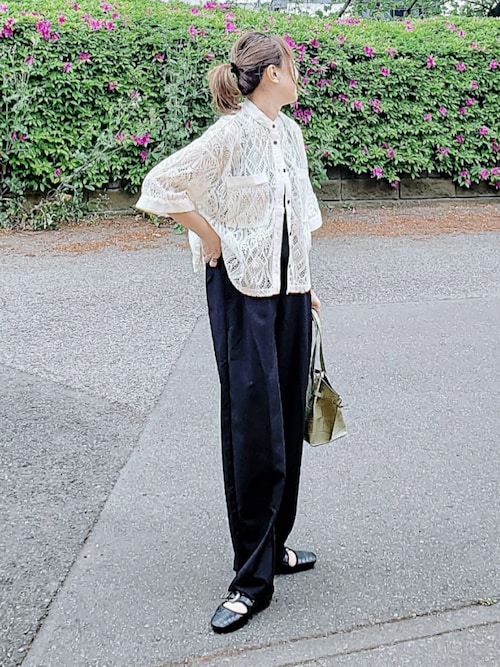 セール】Cropped lace shirt バンドカラークロップドレース