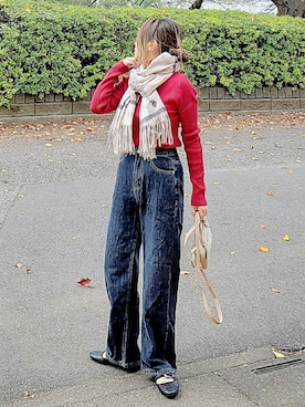 「マフラーコーデ」｜「アイテム（デニムパンツ）」を使った、&りっちさん（レディース・154cm）の秋コーディネート
