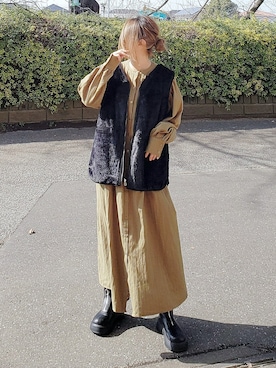 「カーキ」｜「アイテム（シャツワンピース）」を使った、&りっちさん（レディース・154cm）の冬コーディネート