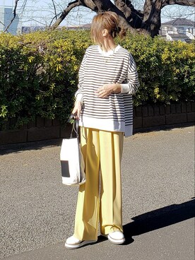 「reca（レカ）のサイドスリットボーダートップス（Tシャツ/カットソー）」を使った、&りっちさん（レディース・154cm）の冬コーディネート