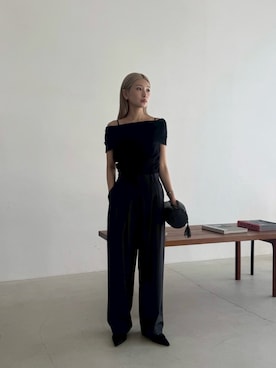 「RIM.ARK（リムアーク）のOff shoulder compact tops オフショルダーコンパクトトップス（ニット/セーター）」を使った、MariNakamuraさん（レディース・158cm・30代）の夏コーディネート