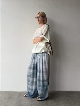 「RIM.ARK（リムアーク）のHidden flower gather PT ヒドゥン フラワー ギャザー パンツ（スラックス、グリーン系）」を使った、MariNakamuraさん（レディース・158cm）の春コーディネート