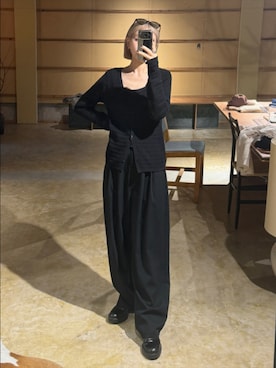 「RIM.ARK（リムアーク）のTuck rib knit CD タック リブ ニット カーディガン（カーディガン/ボレロ、ブラック系）」を使った、MariNakamuraさん（レディース・158cm）の春コーディネート