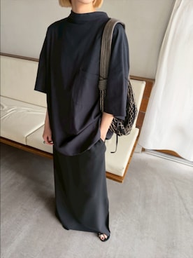 「RIM.ARK（リムアーク）のBack conscious vacation tops バック コンシャス バケーション トップス（Tシャツ/カットソー、ブラック系）」を使った、MariNakamuraさん（レディース・158cm）の春コーディネート